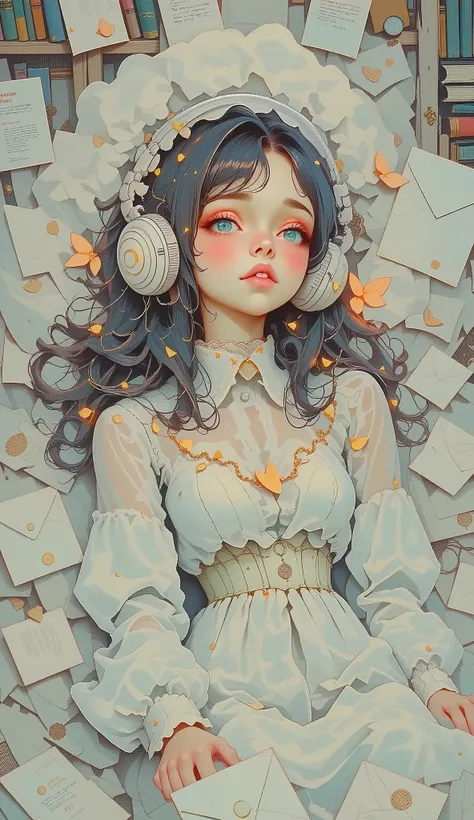 ((Low Fidelity Anime Digital Illustration Styles  :1.5)), Little girl lying on her bed listening to music with headphones, books in bed  ,  soft light garland  , ambiente agradable y quiet, soft and beautiful colors , magic, quiet, cozy, claroscuro, cinema...