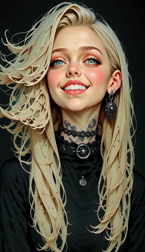  blond woman with straight hair moving in the wind  , beautiful cheerful smile , She bangs herself to the eyebrows:1.4, Beautiful and Sensual Face  , sensually squinted eyes half-open mouth , red in color,  with tattoos on her arms and legs posing for a ph...