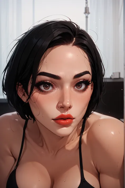 1girl, short hair, black hair, forehead, black eyebrows, thin eyebrows, glowing brown eyes, black eyeliners, nose, lips, thick lips, perfect face, beautiful girl, medium breasts, sweat