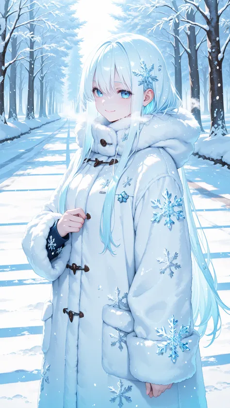 high quality、masterpiece、best image quality、Beautiful Snow Fairy、Solo Shot、Fluffy Silvery White Long Hair、Snowflake Hair Ornament、20 worn out、Ice Blue Eyes、white fur coat、A Dignified and Peaceful Smile、Shimmering Ice Accessory、Snow Covered Road、Moonlit Sno...