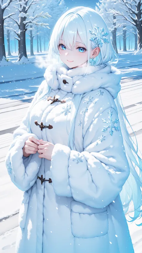 high quality、masterpiece、best image quality、Beautiful Snow Fairy、Solo Shot、Fluffy Silvery White Long Hair、Snowflake Hair Ornament、20 worn out、Ice Blue Eyes、white fur coat、A Dignified and Peaceful Smile、Shimmering Ice Accessory、Snow Covered Road、Moonlit Sno...