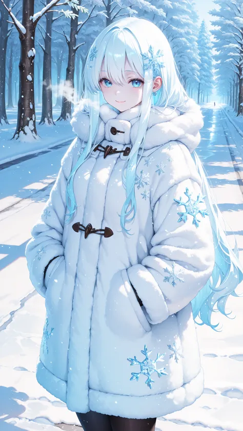 high quality、masterpiece、best image quality、Beautiful Snow Fairy、Solo Shot、Fluffy Silvery White Long Hair、Snowflake Hair Ornament、20 worn out、Ice Blue Eyes、white fur coat、A Dignified and Peaceful Smile、Shimmering Ice Accessory、Snow Covered Road、Moonlit Sno...