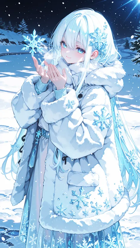 high quality、masterpiece、best image quality、Beautiful Snow Fairy、Solo Shot、Fluffy Silvery White Long Hair、Snowflake Hair Ornament、20 worn out、Ice Blue Eyes、white fur coat、A Dignified and Peaceful Smile、Shimmering Ice Accessory、Snow Covered Road、Moonlit Sno...