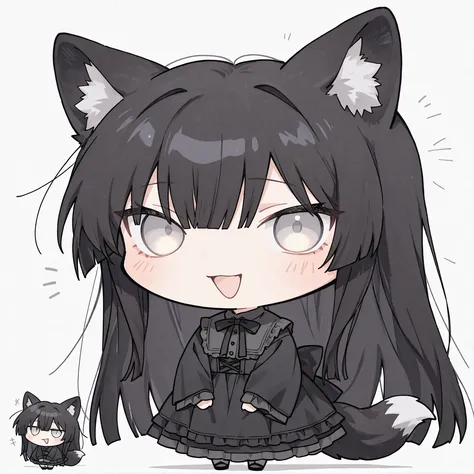 1girl,solo,fox ear, flat chest1:6,flat chest,,beautiful face,long lashes,,hime cut black super long hair,princess cut black hair,,Blush。,Anime Style,male focus,from front, front view,shy, bashful,black fox tail with a white tip,black fox ear with a white t...