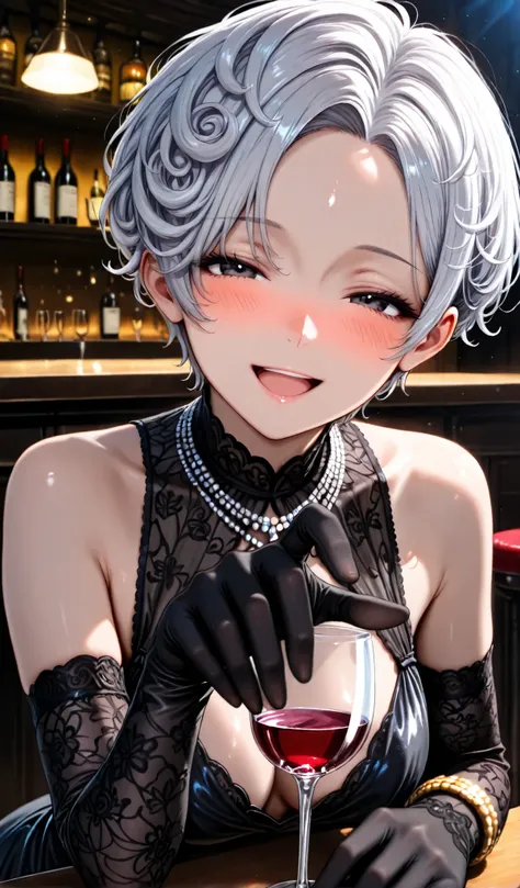 (1girl),  

(( Silver Hair:1.2), ((forehead exposed), parted bangs, center-parted fringe), (shortcut hair : Pixie Cut Hair + Curly hair):1.2),  
((medium breast), (glamorous body)), ((Babyface), (cute:1.2)), 
((black eyes), (eye highlight), (shiny eyes), (...