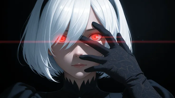 cold, lens-flare, close up on the face of YoRHa_2B, hairband, white hair, short hair, eye glowing intense red light, lens flare from glowing eye light, black background, focus on glove, arm length velvet glove, hand covering one eye, detailed velvet textur...
