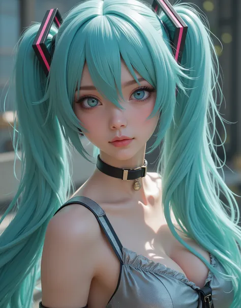 close up (hyperrealistic) The ((Hatsune Miku)),rostro hermoso,hair ((verThe esmeralda)),((very long twin pigtails)),eyes granThes,eyes ((verThe esmeralda ultraThetallados)),Thetalles finos en el rostro,pestañas largas y Thefinidas,textura realista The piel...
