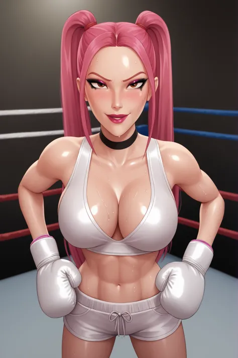 BREAK, score_6_up, score_7_up, score_8_up, score_9, 1girl, solo, kpdh_m1ra, long hair, dark pink hair, brown eyes, twintails, black choker, lipstick, makeup, official KPop Demon Hunters aesthetic, large breasts, busty, cleavage, curvy, athletic, looking at...