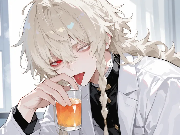 score_9, score_8_consolation, score_7_consolation, solo, watercolor, 1 male, solo , One Man , Platinum Blonde Hair , braids , long hair , Fluffy hair , beautiful , right eye is red eye , Left Eyes Are White Eyes , Heterochromia , stylish , handsome , are c...