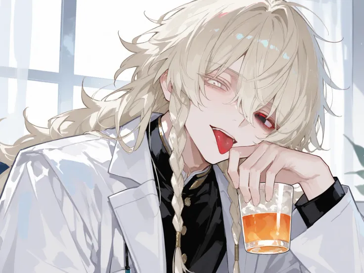 score_9, score_8_consolation, score_7_consolation, solo, watercolor, 1 male, solo , One Man , Platinum Blonde Hair , braids , long hair , Fluffy hair , beautiful , right eye is red eye , Left Eyes Are White Eyes , Heterochromia , stylish , handsome , are c...