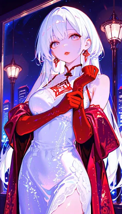 (RAW Photo), Absurd Resolution, Hyperrealism, Photorealism, Maximum Quality, 16k, Masterpiece, Ultra Detailed) (beautiful girl, 21 years old), (sharp pupil, gray eye), (white hair, vibrant reds), (made-up, red lips), (woman draped in a long, intricate whit...