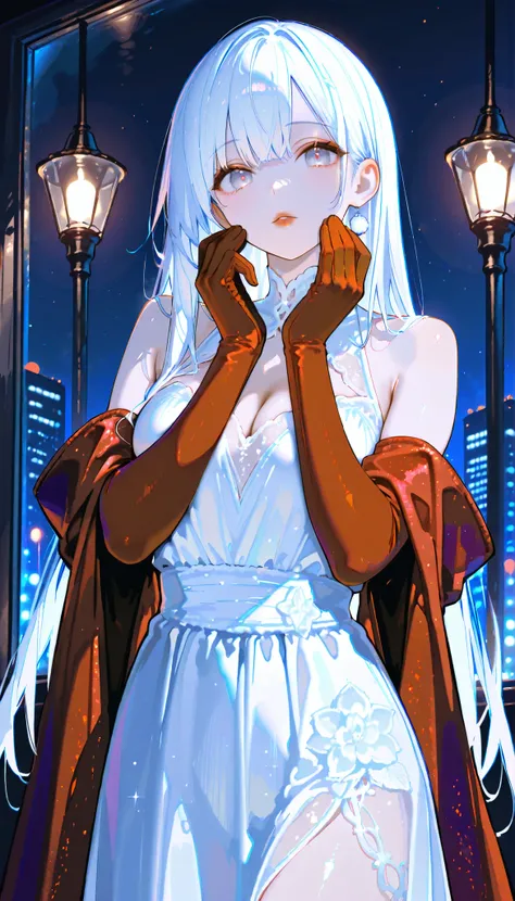 (RAW Photo), Absurd Resolution, Hyperrealism, Photorealism, Maximum Quality, 16k, Masterpiece, Ultra Detailed) (beautiful girl, 21 years old), (sharp pupil, gray eye), (white hair, vibrant reds), (made-up, red lips), (woman draped in a long, intricate whit...