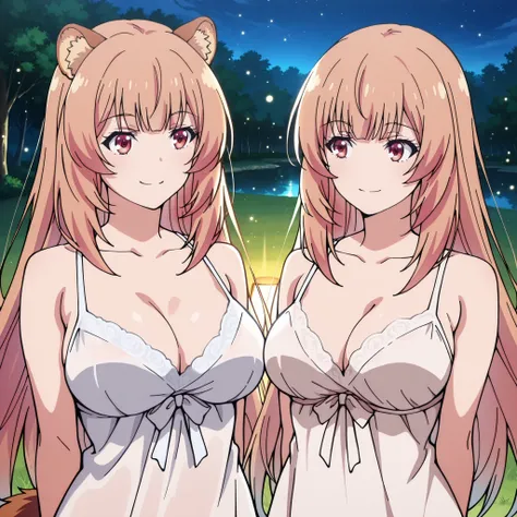 Two women pose together to a lake illuminated by the moon. Honami Ichinose (Classroom of the Elite) appears with her smooth and loose pink hair, Red Eyes brillantes y una figura slender con pechos medianos a grandes, smiling with a safe and seductive expre...