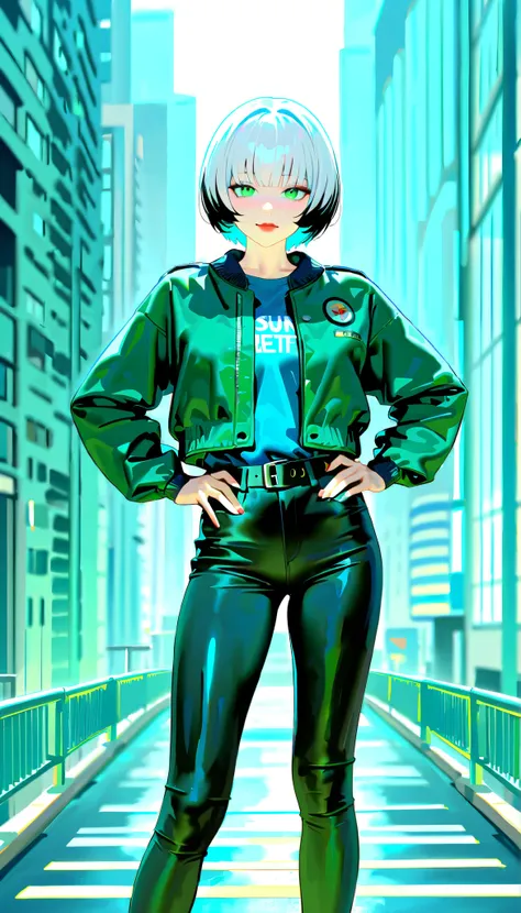 (RAW Photo), Absurdities, (Absurd Resolution)), (Hyperrealism, Photorealism), (Maximum Quality, 16k, Masterpiece, Ultra Detailed) (beautiful girl, 21 years old), (sharp pupil, green eye), (bob haircut, white hair, dark highlights), (made-up, red lips), (wo...