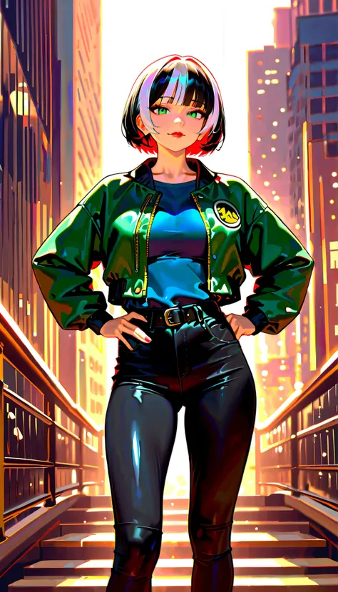 (RAW Photo), Absurdities, (Absurd Resolution)), (Hyperrealism, Photorealism), (Maximum Quality, 16k, Masterpiece, Ultra Detailed) (beautiful girl, 21 years old), (sharp pupil, green eye), (bob haircut, white hair, dark highlights), (made-up, red lips), (wo...