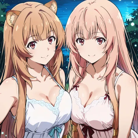 Two women pose together to a lake illuminated by the moon. Honami Ichinose (Classroom of the Elite) appears with her smooth and loose pink hair, Red Eyes brillantes y una figura slender con pechos medianos a grandes, smiling with a safe and seductive expre...