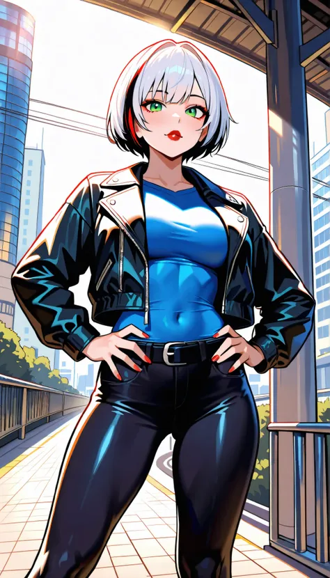 (RAW Photo), Absurdities, (Absurd Resolution)), (Hyperrealism, Photorealism), (Maximum Quality, 16k, Masterpiece, Ultra Detailed) (beautiful girl, 21 years old), (sharp pupil, green eye), (bob haircut, white hair, dark highlights), (made-up, red lips), (wo...