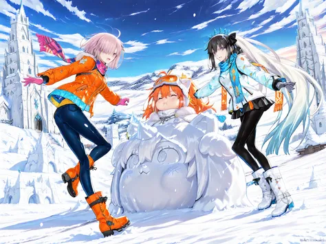 (masterpiece:1.1), (Highest Quality), (Super Detailed), (Fate/Grand Order style:1.2), (Thickly painted anime style),
(anime style:1.25), takeuchi takashi, (2girls:1.3), ((Fate Grand Order:1.2)), 

unny snowy mountain plateau, fresh powder snow flying,
gian...