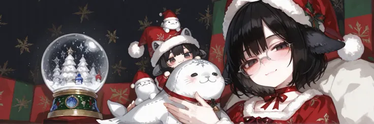 1girl, girl with short black hair, (red ribbon choker, glasses, red christmas dress, blush, smile, :3 expression, seal ears: 1.3, holding a snow globe: 1.3, christmas hat, white seal plushie in lap), dark eyes, (masterpiece, cute christmas pattern backgrou...