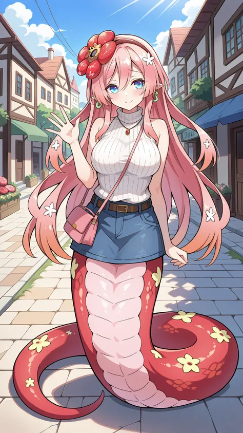 (Fraction_9:0.9),Fraction_8_Up,Fraction_7_Up,grade,(zPDXL3),(   masterpiece),  (Best Quality ),(All five fingers ),A Girl,alone,Traptrix Rafflesia,PINK HAIR,Liu Hai on the left,long hair,blue eyes,white sleeveless sweater,pink handbag,big boobs,lamia,The l...