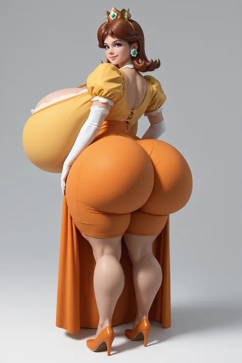 huge ass,princess daisy,jewelry,blue eyes,crown,flower earrings,brown hair,d_daisy,((Princess Daisy)), ((gigantic breasts)), (2.5D), Daisy is wearing her orange gown with puffy sleeves and white opera gloves, gigantic ass, super wide hips, full body, smile...