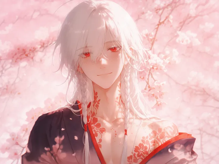 male, Asian, White hair, red eyes, cute, long hair, white lashes, freckles, delicate features, cute pose, feminine features, smile, warm gaze, cute face, feminine clothes, narrow shoulders, cute, narrow shoulders, slim body, feminine, femine clothes, skinn...