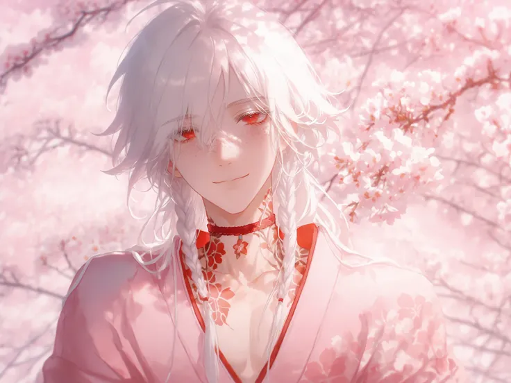 male, Asian, White hair, red eyes, cute, long hair, white lashes, freckles, delicate features, cute pose, feminine features, smile, warm gaze, cute face, feminine clothes, narrow shoulders, cute, narrow shoulders, slim body, feminine, femine clothes, skinn...