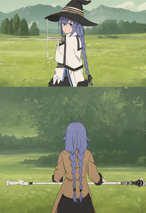 masterpiece, mejor calidad, newest, extremely high resolution, high resolution, Ojos detallados,  beautiful/a, detailed background, perfect eyes, coloring anime, 1girl, Alone, small, Roxy Migurdia, cabello azul, cabello largo, twin braids, vello entre los ...