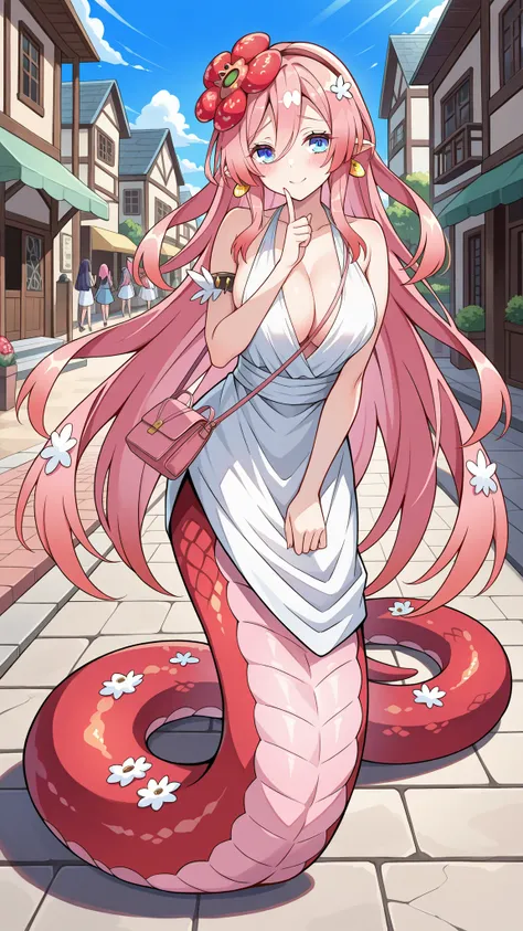 (Fraction_9:0.9),Fraction_8_Up,Fraction_7_Up,grade,(zPDXL3),(   masterpiece),  (Best Quality ),(All five fingers ),A Girl,alone,Traptrix Rafflesia,PINK HAIR,Liu Hai on the left,long hair,blue eyes,white sleeveless dress,pink handbag,huge boobs,lamia,The lo...