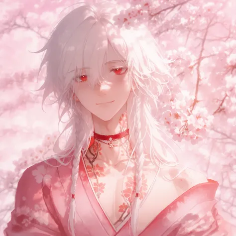 male, Asian, White hair, red eyes, cute, long hair, white lashes, freckles, delicate features, cute pose, feminine features, smile, warm gaze, cute face, feminine clothes, narrow shoulders, cute, narrow shoulders, slim body, feminine, femine clothes, skinn...