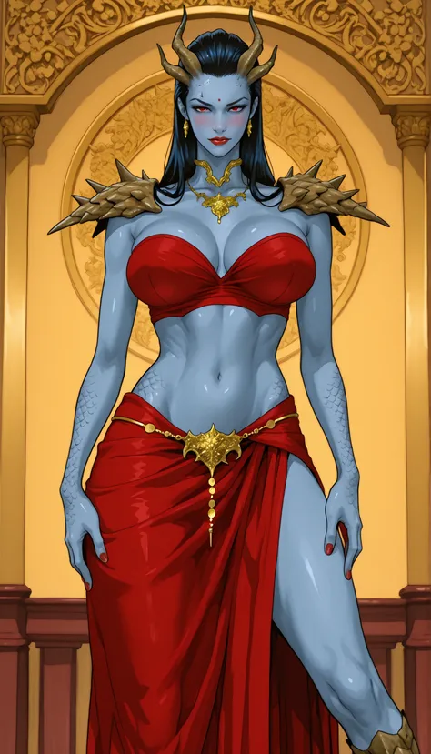 kerrigan futanari, six horns, glossy blue skin, wavy black hair, long hair, swept back hair, slicked back hair, red eyes, red bindi on forehead, big breasts, soft breasts, red lips, red blush, posing, slim body, (blue skin), wearing strapless blouse, long ...