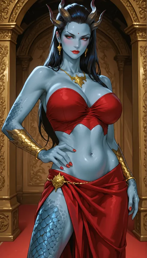 kerrigan futanari, six horns, glossy blue skin, wavy black hair, long hair, swept back hair, slicked back hair, red eyes, red bindi on forehead, big breasts, soft breasts, red lips, red blush, posing, slim body, (blue skin), wearing strapless red blouse, l...