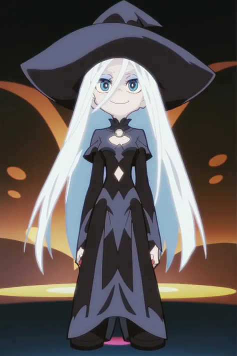 p&s style, screencap, anime, score_10, flat colors, woman, pale skin, blue eyes, silver hair, smiling, long hair, witch outfit, front view, full body