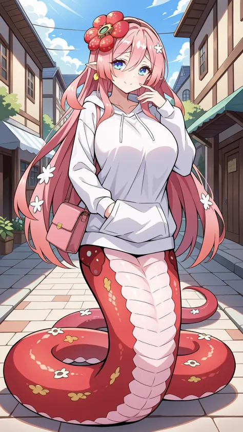 (Fraction_9:0.9),Fraction_8_Up,Fraction_7_Up,grade,(zPDXL3),(   masterpiece),  (best quality ),(All five fingers ),A Girl,alone,Traptrix Rafflesia,PINK HAIR,Liu Hai on the left,long hair,blue eyes,white sweatshirt,pink handbag,huge boobs,lamia,The lower ha...