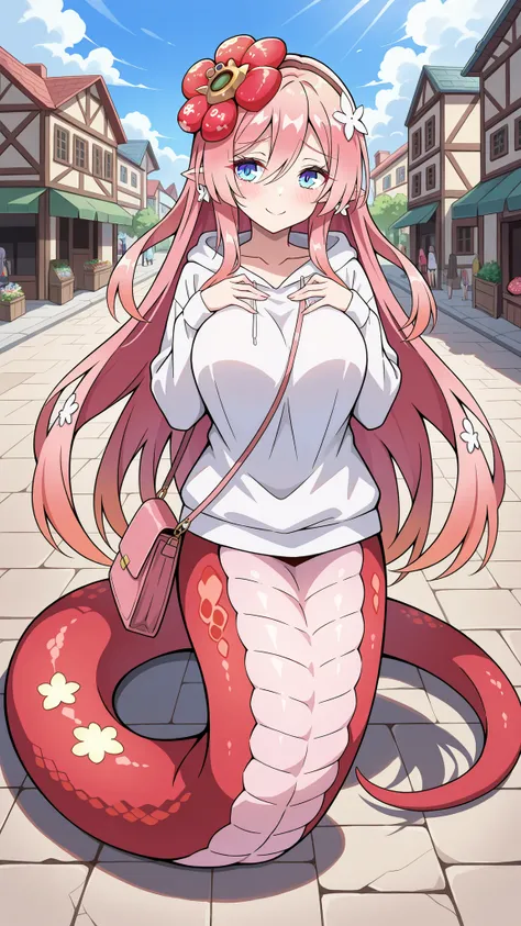 (Fraction_9:0.9),Fraction_8_Up,Fraction_7_Up,grade,(zPDXL3),(   masterpiece),  (best quality ),(All five fingers ),A Girl,alone,Traptrix Rafflesia,PINK HAIR,Liu Hai on the left,long hair,blue eyes,white sweatshirt,pink handbag,huge boobs,lamia,The lower ha...