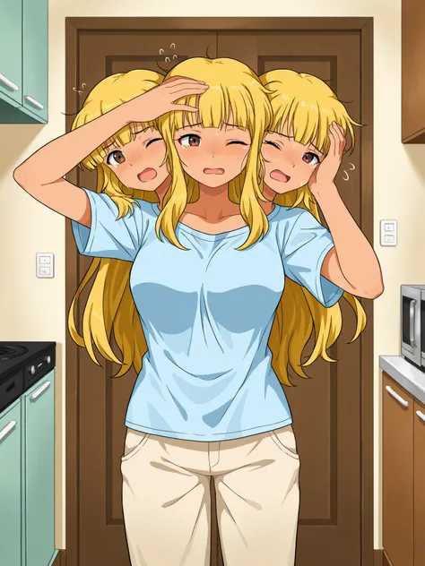 conjoined, anime girl with three heads, weary, headache, hangover, in pain, dizzy, blond hair, brown eyes, one eye closed, open mouth, light blue t-shirt, tan pants, hand on forehead, apartment kitchen