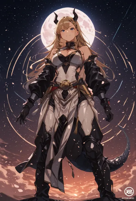 筋肉質の, 角のある男が、大きな宇宙を背景に、激しい表情で立っている, 輝く満月と散りばめられた星. 彼は短い金髪です, 髭の濃い暗い男, そして長い, 左肩に編み込まれたポニーテールが流れ落ちている. 羽根飾りのついた部族風のネックレスが彼の裸の体を飾っている, 筋肉質な胸部. 彼は暗い色の服を着ている, 左には華やかな肩当てが付いている, 左腕と右の上腕二頭筋からは渦巻く紫色のエネルギーが放射されている. 彼の服装は明るい茶色で、, 黒いズボンの上には模様のあるスカートのような衣服を着ている, そして青...