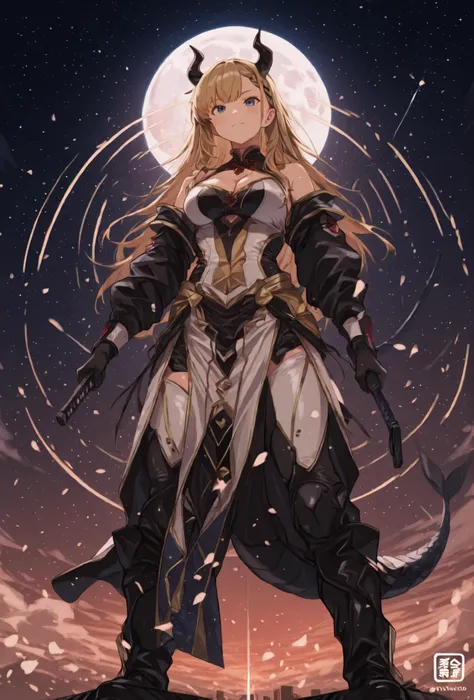 筋肉質の, 角のある男が、大きな宇宙を背景に、激しい表情で立っている, 輝く満月と散りばめられた星. 彼は短い金髪です, 髭の濃い暗い男, そして長い, 左肩に編み込まれたポニーテールが流れ落ちている. 羽根飾りのついた部族風のネックレスが彼の裸の体を飾っている, 筋肉質な胸部. 彼は暗い色の服を着ている, 左には華やかな肩当てが付いている, 左腕と右の上腕二頭筋からは渦巻く紫色のエネルギーが放射されている. 彼の服装は明るい茶色で、, 黒いズボンの上には模様のあるスカートのような衣服を着ている, そして青...