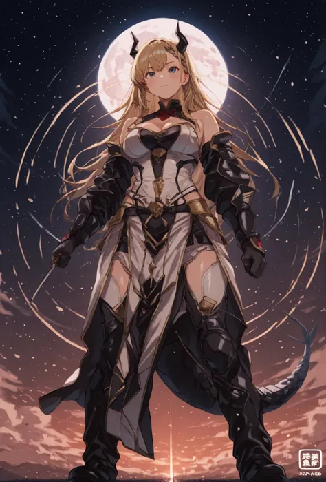 筋肉質の, 角のある男が、大きな宇宙を背景に、激しい表情で立っている, 輝く満月と散りばめられた星. 彼は短い金髪です, 髭の濃い暗い男, そして長い, 左肩に編み込まれたポニーテールが流れ落ちている. 羽根飾りのついた部族風のネックレスが彼の裸の体を飾っている, 筋肉質な胸部. 彼は暗い色の服を着ている, 左には華やかな肩当てが付いている, 左腕と右の上腕二頭筋からは渦巻く紫色のエネルギーが放射されている. 彼の服装は明るい茶色で、, 黒いズボンの上には模様のあるスカートのような衣服を着ている, そして青...