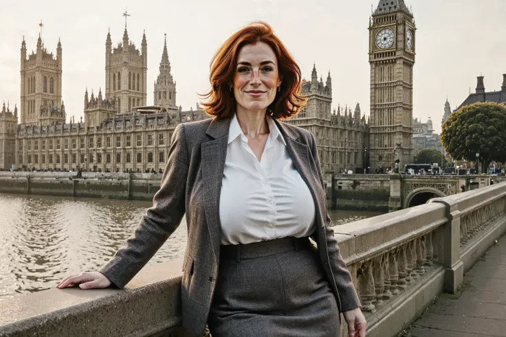 margaret leaning her back against the railing of a bridge in london, the houses of parlament in the background together with big ben. she is wearing a grey business suit with white shirt, grey jacket and grey skirt. her reddish-auburn hair is kept open, sh...