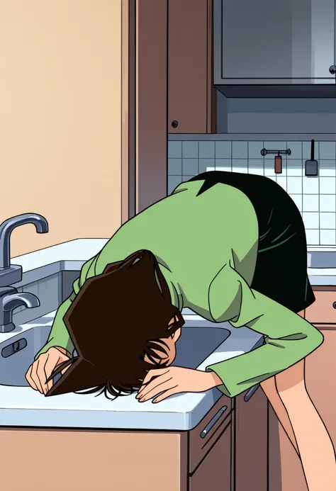1 girl, Mouri Ran, dark brown hair. Green slim turtleneck style tight dress skirt, green cropped short jacket, kitchen, sink, head in sink, upper body lying face down in sink, thin thighs side view