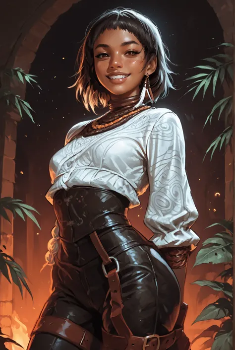 Woman looks like a mix of Elena and Juri Han from Street Fighter 6. bronze-colored and brown skin. She has a horizontal scar over her nose. She has sharp teeth. pointed fangs in her mouth. your body is athletic, with muscles and abs. B-Cup. Sie hat rote, s...