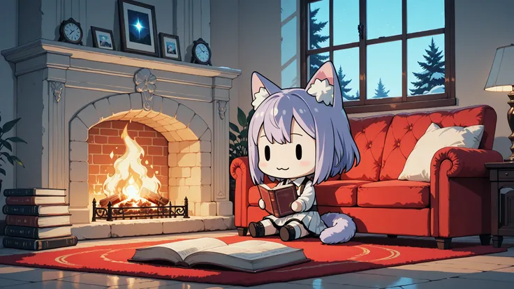 Chibi,(chibi:1.4), A cozy cat-girl with soft cat ears and a fluffy cat tail, sitting on a warm red carpet while reading a book in front of a glowing fireplace. Warm golden firelight fills the room with a calm, comforting atmosphere. Beside her is a small s...