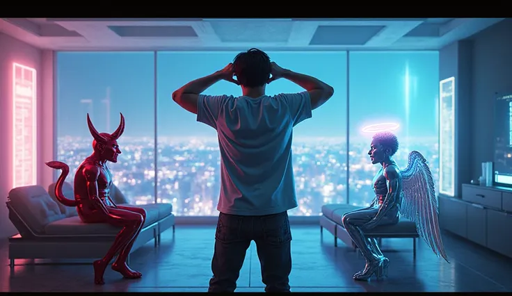 A hyper-realistic cyberpunk scene set inside a large, luxurious futuristic apartment with panoramic neon city views. In the center stands a man with short dark hair, wearing casual futuristic clothes, holding his head in pain and despair. He represents the...