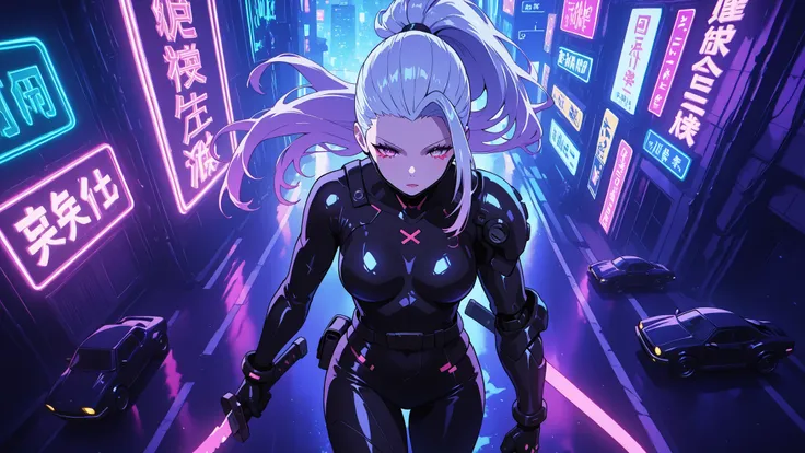 Cyberpunk City Scape from above, A street samurai wearing cyber tech armor with a glowing samurai sword in right hand , right arm stretched out to the side showing the swords cybernetic pattern, long hair pulled back in a ponytail, standing atop a high tec...