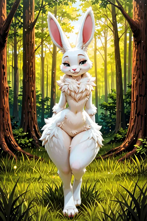 anthropomorphic hare, full body, character design, digitigrade legs, double-joint bend, paw feet, pear-shaped torso, white fur, long ears, animal snout, (three-quarter view:1.4), upright posture, clean lines, high detail, (Disney style:0.8), 2.5D style, di...