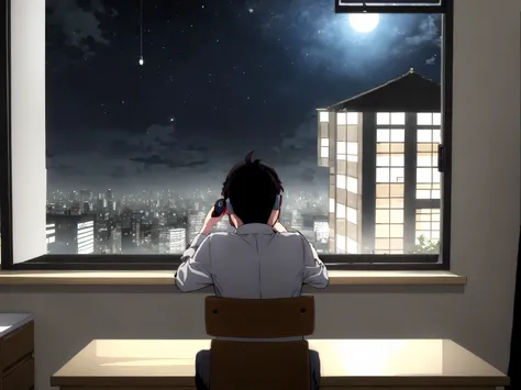 in a dim room、A scene where one man wears earphones and quietly listens to the voice community。A small, warm light in the room、A notebook and coffee on the desk。Outside the window is the night city light。Multiple unnamed icons float on the screen、An atmosp...