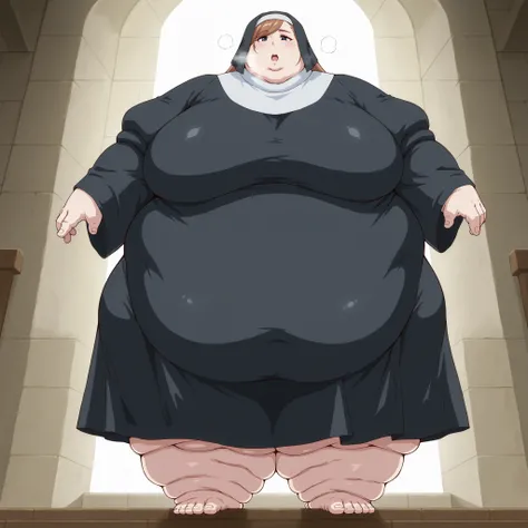 fabinikupriestess, brown hair, long hair, blue eyes, nun, habit, breasts, fat, chubby, obese, fat neck, multiple chins, big breasts open mouth, out of breath, Larger female, full body shot, only head, large head, oversized limbs, large hands, large feet, o...