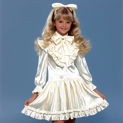 top quality, masterpiece, Highest Resolution, art work, super それにget used to it, many get used to it, get used to it, それにget used to it, 3k photos,((American girls from the 1970s,blonde long hair)),silk satin ruffle bow dress,Midi Skirt,puff sleeve,ruffled...