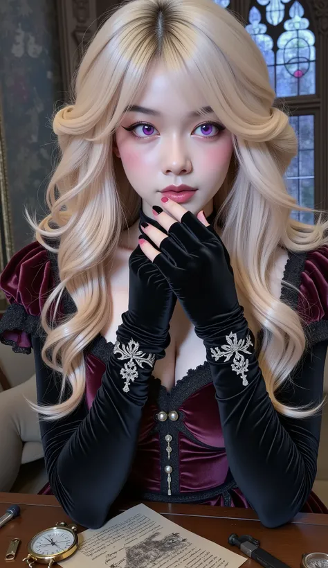 Ultra-realistic anime gothic sorceress, beautiful girl with heterochromia eyes (one glowing golden, one glowing purple), long wavy black hair with purple highlights, soft porcelain skin, light blush makeup, wearing dark red velvet off-shoulder medieval dre...